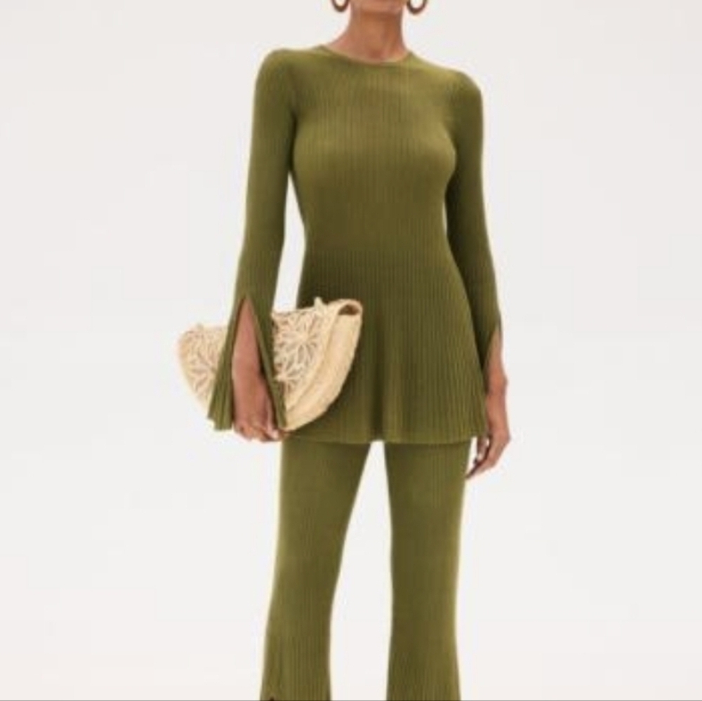 Cult Gaia Kasia Flared Sleeve Stretch Knit Green Ribbed Top Size XS